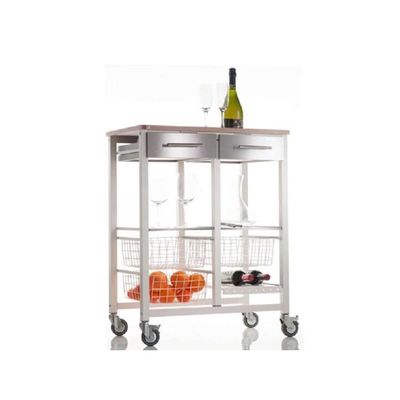 DON HIERRO - Kitchen Storage Rolling Cart, ONDA Double. White - Stainless Steel - Elm Wood Color