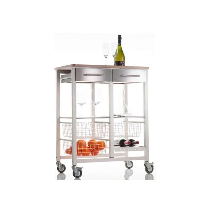 DON HIERRO - Kitchen Storage Rolling Cart, ONDA Double. White - Stainless Steel - Elm Wood Color