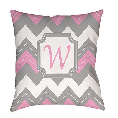 Manual Woodworkers & Weavers Square Throw Pillow, 14-Inch, Monogrammed Letter W, Pink Chevron