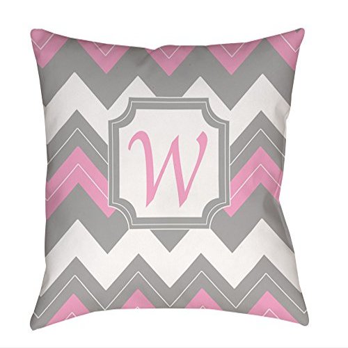 Manual Woodworkers & Weavers Square Throw Pillow, 14-Inch, Monogrammed Letter W, Pink Chevron