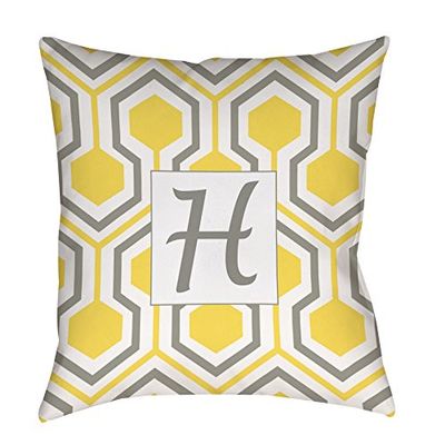 Manual Woodworkers & Weavers Square Throw Pillow, 14-Inch, Monogrammed Letter H, Yellow Honeycomb