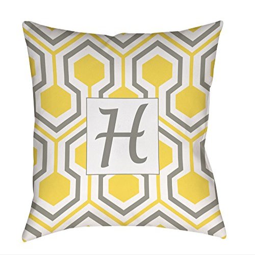 Manual Woodworkers & Weavers Square Throw Pillow, 14-Inch, Monogrammed Letter H, Yellow Honeycomb