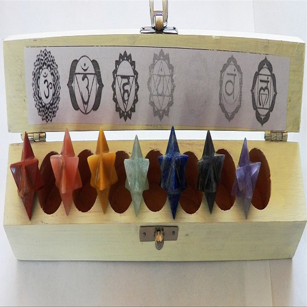 7 Piece Merkaba Chakra Crystal Stone Star Set, with Wood Box, Sacred Geometry, Reiki