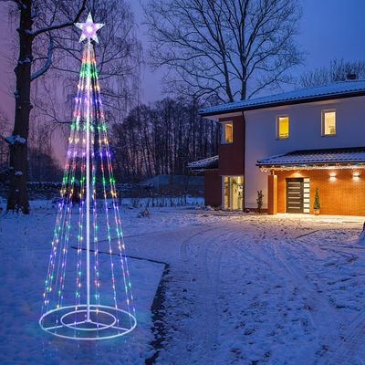 Alpine Corporation 7.2 Feet Tall Indoor/Outdoor Artificial Christmas Tree with 8 Functions, 300 Multi-Colored LED Lights, and Star Tree Topper, Holiday String Lights Decor