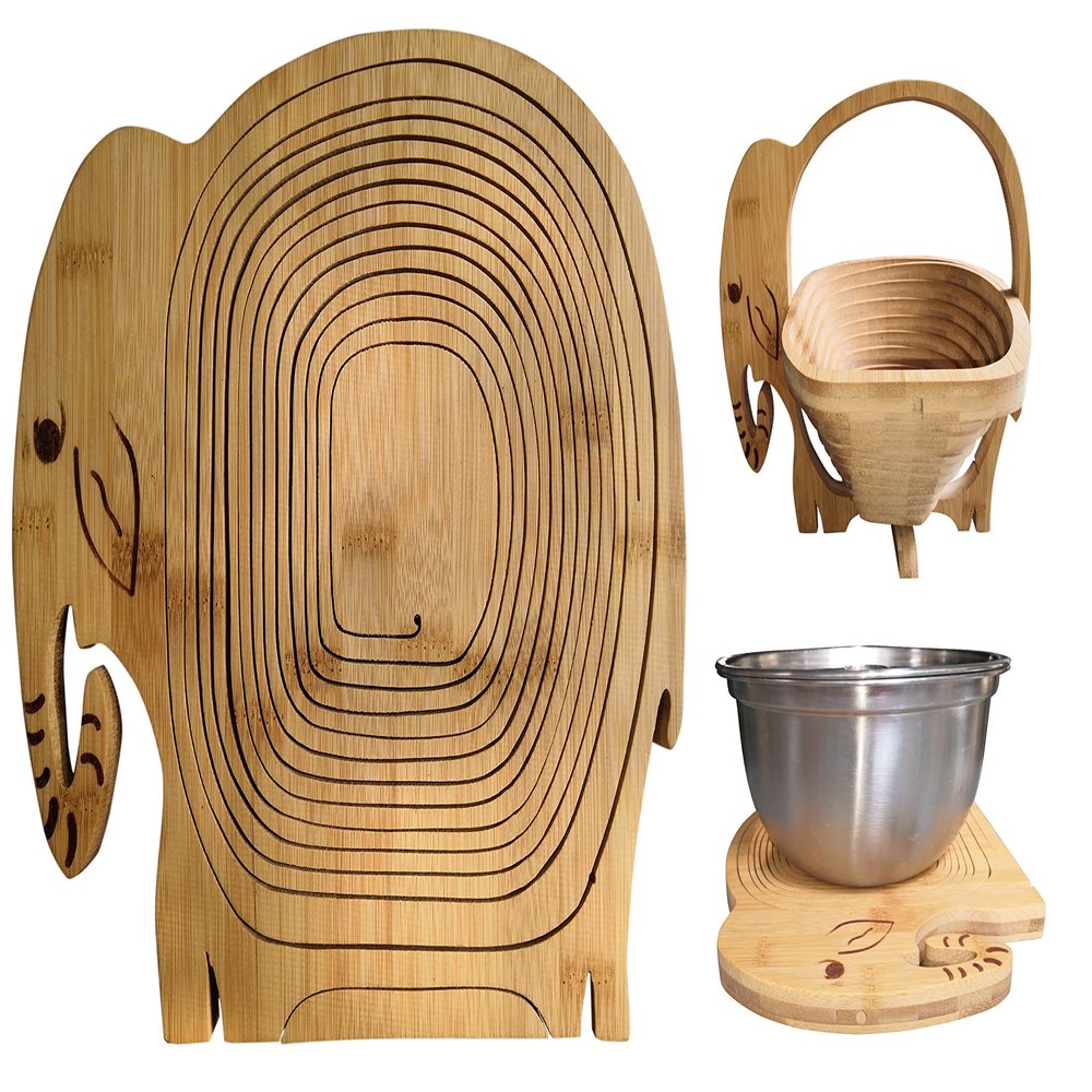 11X10.6 Inch Bamboo Fruit Bowl Collapsible Basket For Fruit Egg Bread Fruit Dried Fruit Folding Fruit Basket Multifunction Heat Resistant Bamboo Trivets Pot Mat Hot Pan Pads By Kamay's (Elephant)