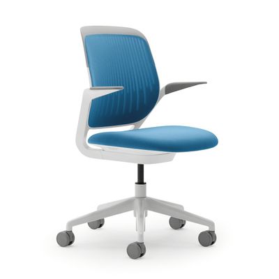 Steelcase Cobi Office Chair: Arms with Soft Arm Caps, White Frame, and Blue Jay Fabric with Standard Carpet Casters