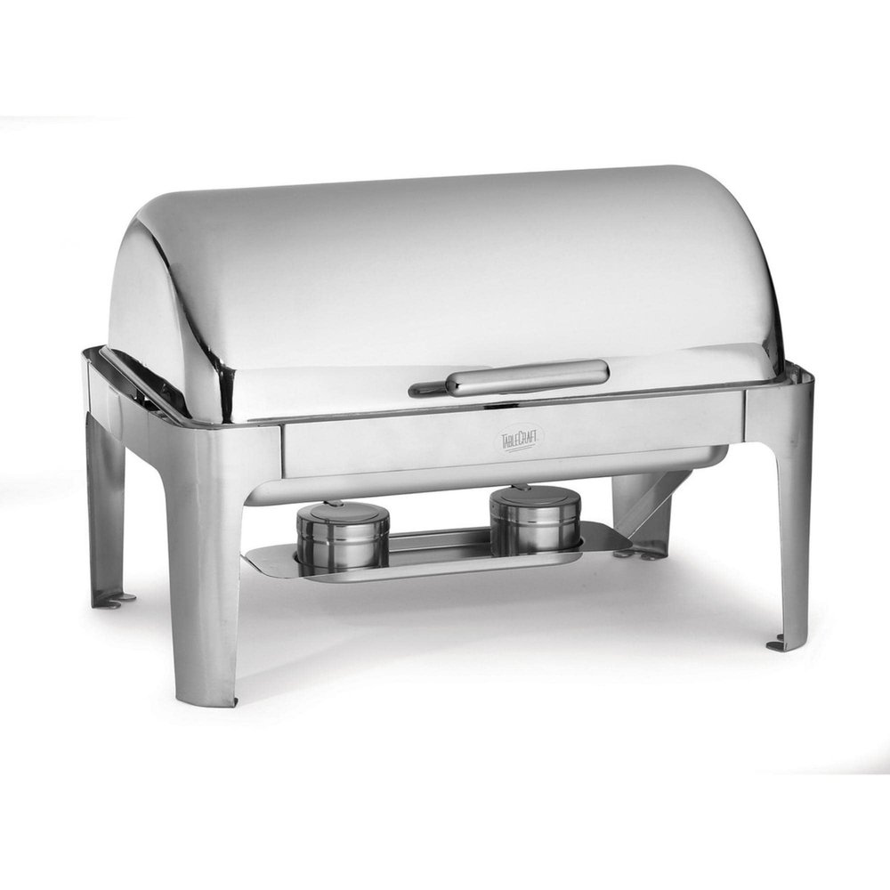 Tablecraft Roll Top Chafing Buffet Polished Stainless Steel Pan, Rectangular Full Size 7 Quart Dual Fuel Serving Tray For Commercial Foodservice, Banquets Catering Use, Slow Close Noise Reduction Lid