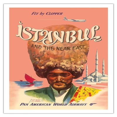 Istanbul Turkey - and the Near East - Fly by Clipper - Pan American World Airways - Vintage Airline Travel Poster c.1950s - Fine Art Matte Paper Print (Unframed) 30x44in