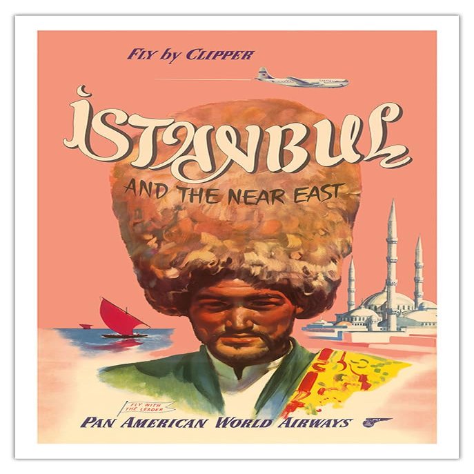 Istanbul Turkey - and the Near East - Fly by Clipper - Pan American World Airways - Vintage Airline Travel Poster c.1950s - Fine Art Matte Paper Print (Unframed) 30x44in