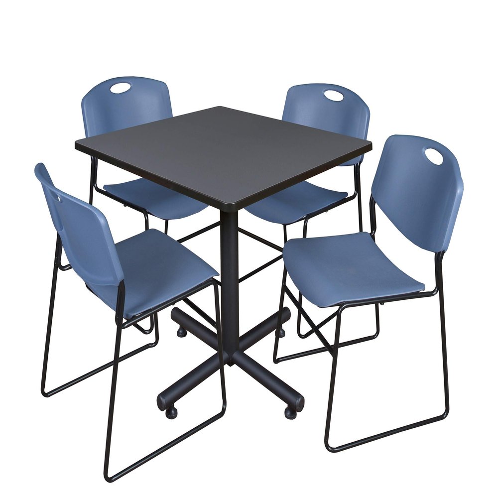 Regency Kobe 42-Inch Square Breakroom Table, Grey, and 4 Zeng Stack Chairs, Blue