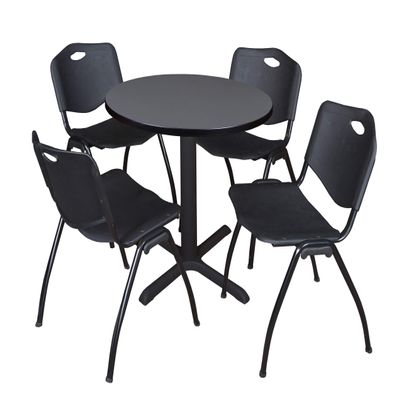 Cain 30" Round Breakroom Table- Grey & 4 'M' Stack Chairs- Black