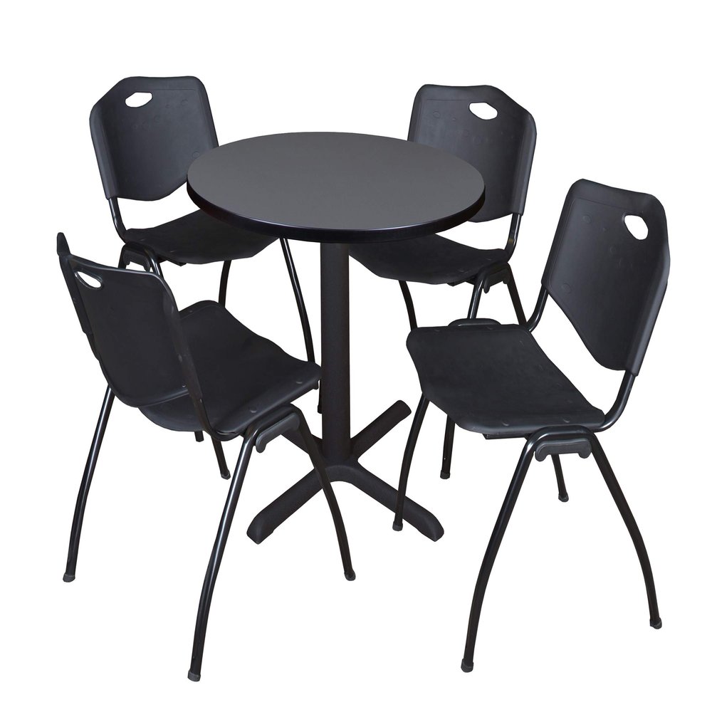 Cain 30" Round Breakroom Table- Grey & 4 'M' Stack Chairs- Black
