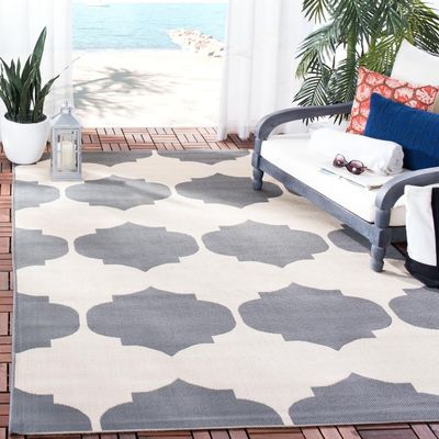 SAFAVIEH Washable Rug Outdoor Courtyard Collection - 6'7" x 9'6", Beige & Anthracite, Non-Shedding & Easy Cleaning, Ideal for Patio, Backyard, Mudroom (CY6162-236)