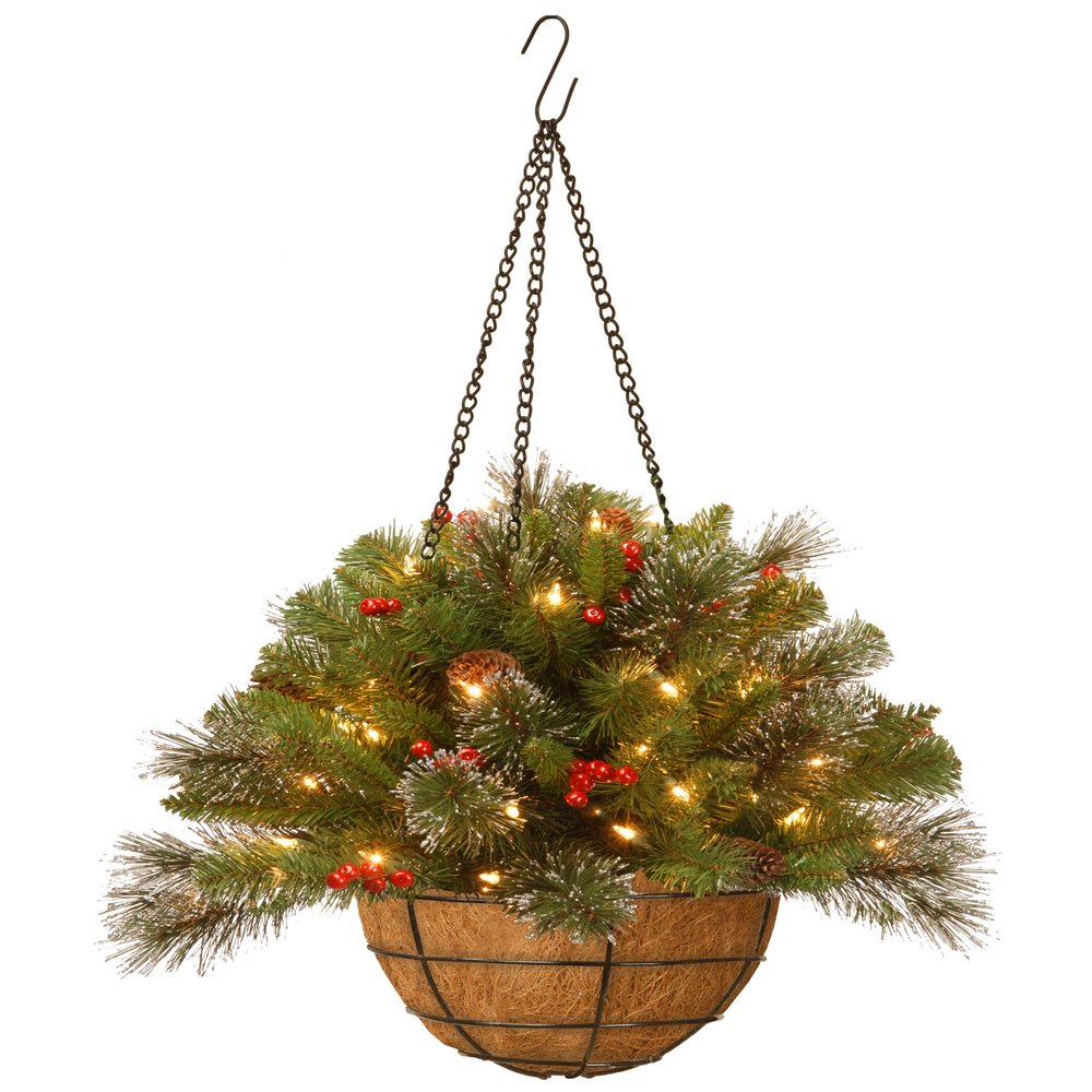 National Tree Company 20 in Pre-Lit Crestwood Spruce Artificial Christmas Hanging Basket, Christmas Decoration with Glitter, Pinecones, Red Berries, 50 Warm White LED Lights, 72 Tips, Timer, Green