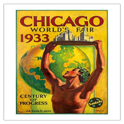 1933 Chicago Worlds Fair - Century of Progress - Santa Fe Railroad - Vintage Railroad Travel Poster by Hernando Villa c.1933 - Fine Art Matte Paper Print (Unframed) 20x26in