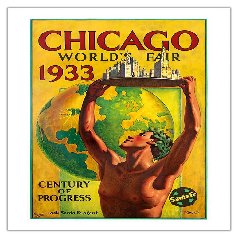 1933 Chicago Worlds Fair - Century of Progress - Santa Fe Railroad - Vintage Railroad Travel Poster by Hernando Villa c.1933 - Fine Art Matte Paper Print (Unframed) 20x26in