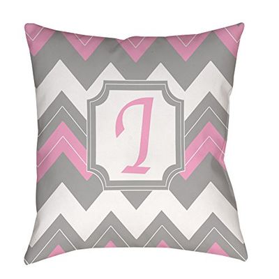 Manual Woodworkers & Weavers Square Throw Pillow, 14-Inch, Monogrammed Letter I, Pink Chevron