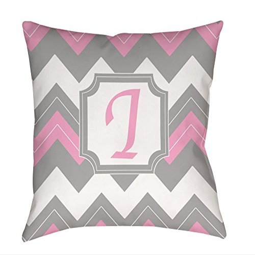 Manual Woodworkers & Weavers Square Throw Pillow, 14-Inch, Monogrammed Letter I, Pink Chevron