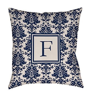 Manual Woodworkers & Weavers Square Throw Pillow, 14-Inch, Monogrammed Letter F, Blue Damask
