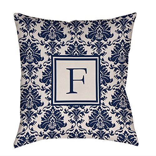 Manual Woodworkers & Weavers Square Throw Pillow, 14-Inch, Monogrammed Letter F, Blue Damask