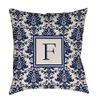 Manual Woodworkers & Weavers Square Throw Pillow, 14-Inch, Monogrammed Letter F, Blue Damask view 1