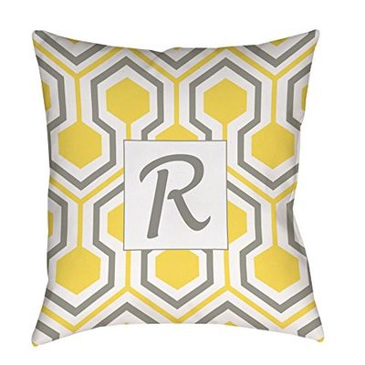 Manual Woodworkers & Weavers Square Throw Pillow, 14-Inch, Monogrammed Letter R, Yellow Honeycomb