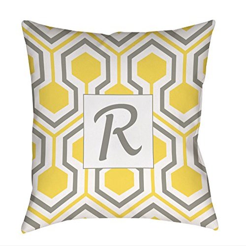 Manual Woodworkers & Weavers Square Throw Pillow, 14-Inch, Monogrammed Letter R, Yellow Honeycomb