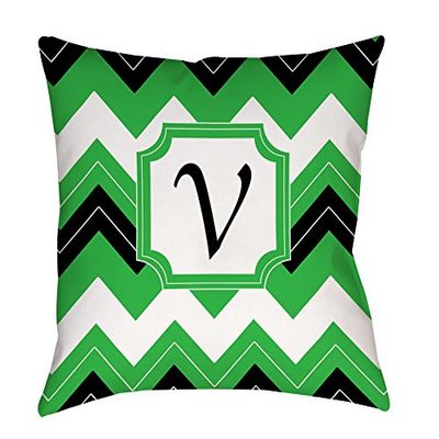 Manual Woodworkers & Weavers Square Throw Pillow, 20-Inch, Monogrammed Letter V, Black Chevron