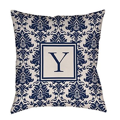 Manual Woodworkers & Weavers Square Throw Pillow, 26-Inch, Monogrammed Letter Y, Blue Damask