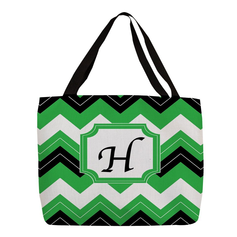 Manual Woodworkers & Weavers Shopping Tote Bag, 18-Inch, Monogrammed Letter H, Black Chevron