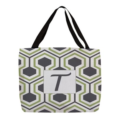 Manual Woodworkers & Weavers Shopping Tote Bag, 18-Inch, Monogrammed Letter T, Grey Honeycomb