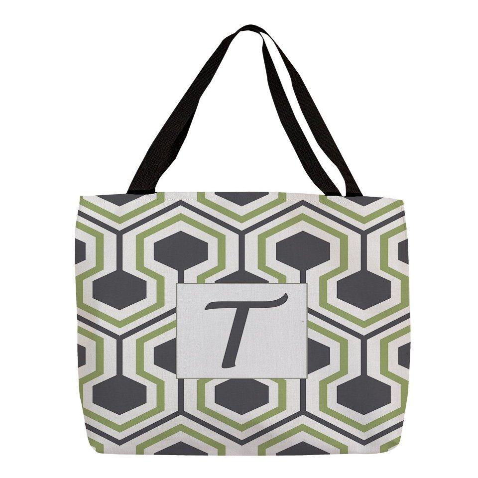 Manual Woodworkers & Weavers Shopping Tote Bag, 18-Inch, Monogrammed Letter T, Grey Honeycomb