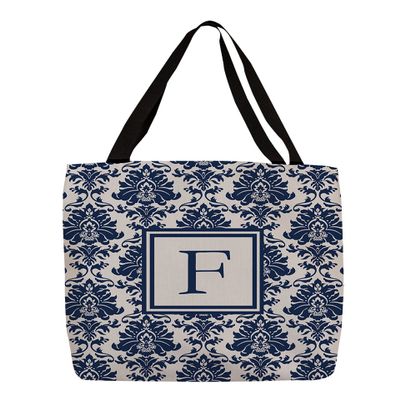 Manual Woodworkers & Weavers Shopping Tote Bag, 16-Inch, Monogrammed Letter F, Blue Damask