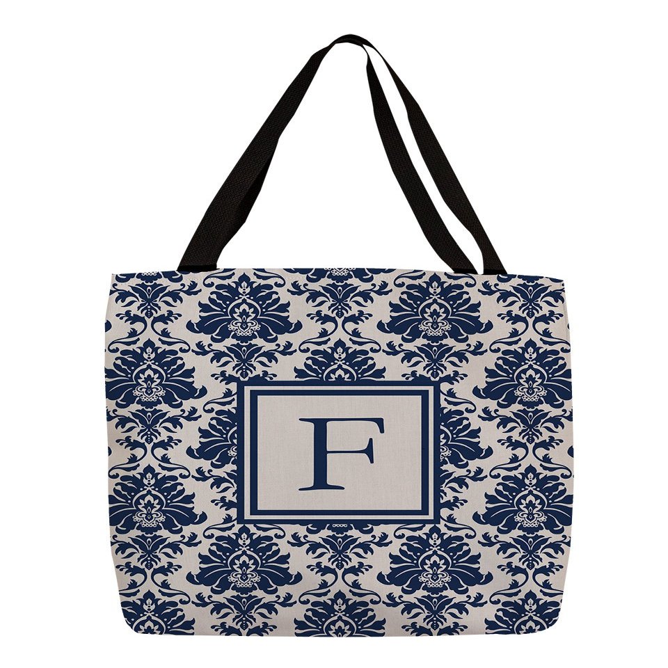 Manual Woodworkers & Weavers Shopping Tote Bag, 16-Inch, Monogrammed Letter F, Blue Damask