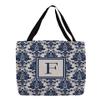 Manual Woodworkers & Weavers Shopping Tote Bag, 16-Inch, Monogrammed Letter F, Blue Damask view 1