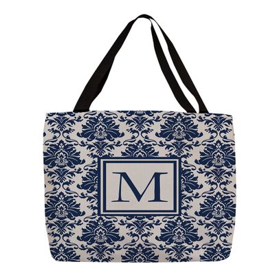 Manual Woodworkers & Weavers Shopping Tote Bag, 16-Inch, Monogrammed Letter M, Blue Damask