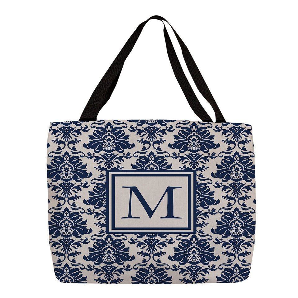 Manual Woodworkers & Weavers Shopping Tote Bag, 16-Inch, Monogrammed Letter M, Blue Damask