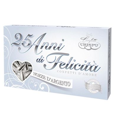 25th Anniversary Silver Confetti - Jordan Almonds Gift Box - Imported from Italy, 500 Grams