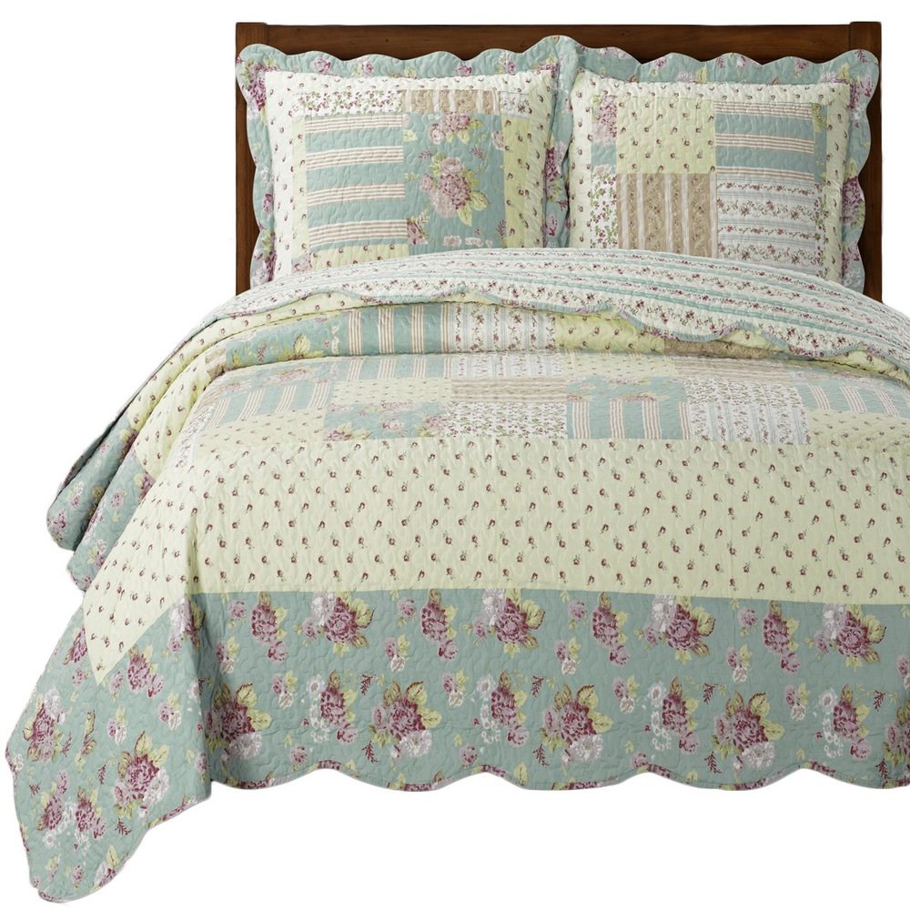 7- Pcs Bed Spread Set- Queen -Annabel-Printed Quilted Wrinkle-Free Microfiber Includes 3-Pcs Coverlets Set and 4-Pcs Sheet Set