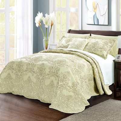 Home Soft Things Damask 4 Piece Bedspread Set, Scalloped Edge Quilt Coverlet Comforter Prewashed Bedding Set, Matelasse Embossed Floral Solid Pattern, Yellowish Green Oversize Queen(110" x 120")