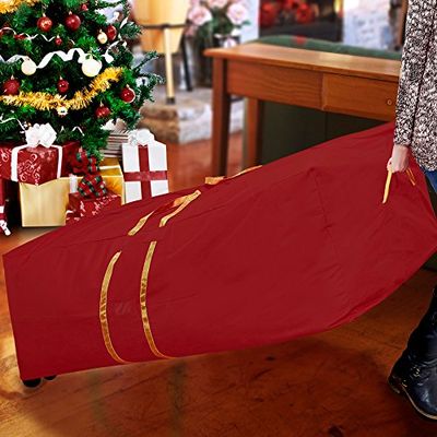 Simplify Holiday Collection Storage Tote Bag | Holiday Decorations Organizer | Artificial Tree Bag | Wheeled Base | Collapsible Duffle | Red