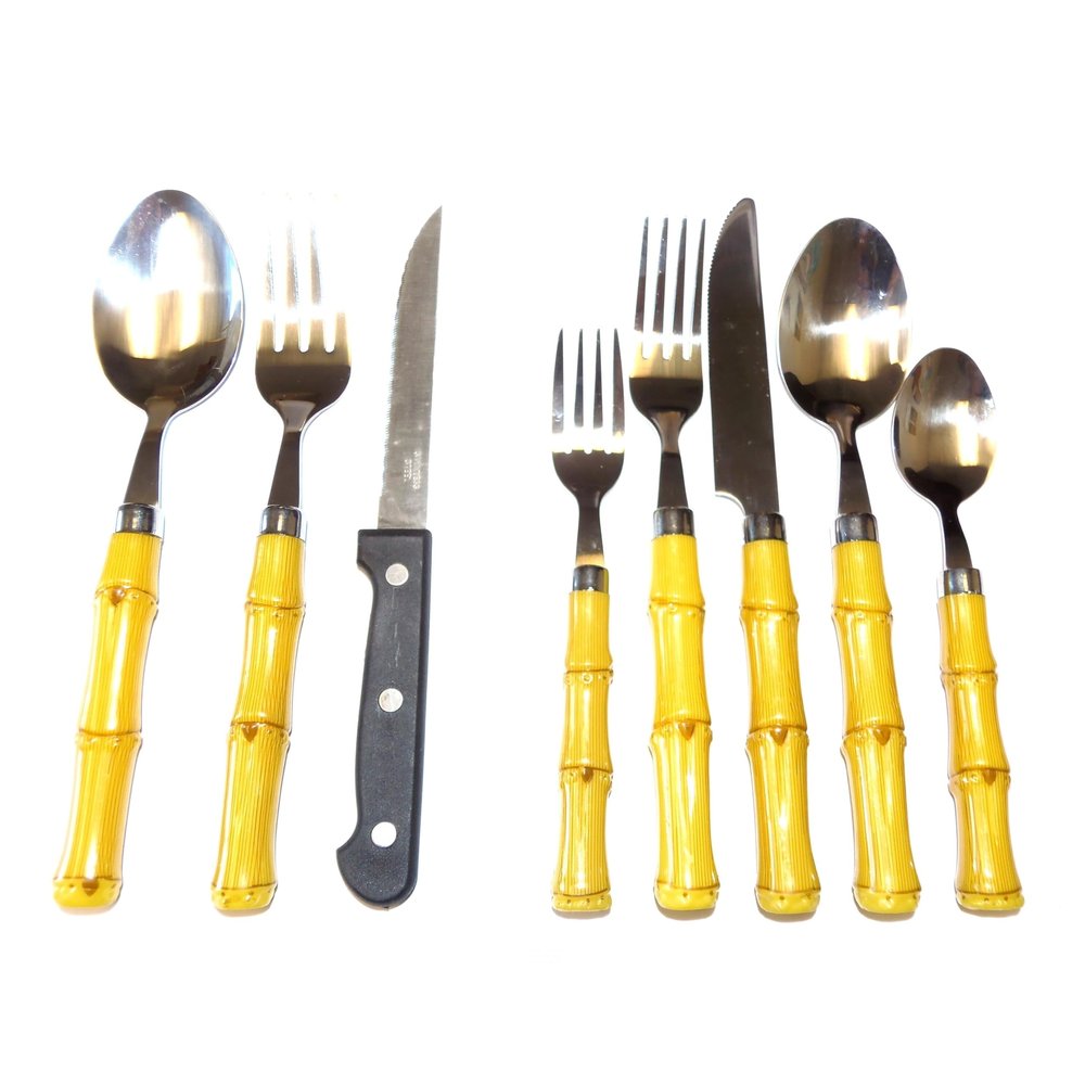 18/0 Durable Stainless Steel Bamboo Styled High Impact Plastic Handles Polished Finish - Never Need Polishing Dishwasher Safe - Comes with a chrome rack