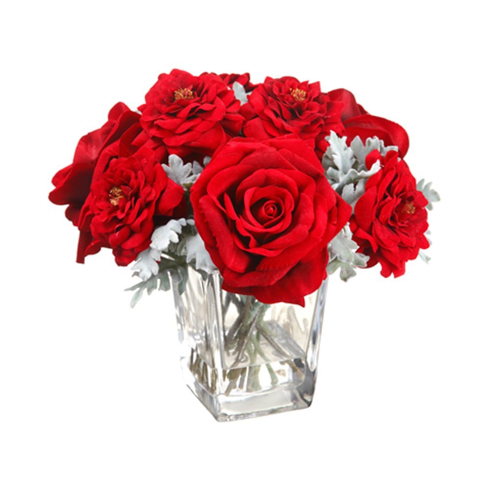 Arcadia Silk Plantation 9.5" Velvet Rose/Dusty Miller in Glass Vase Red Green (Pack of 2)