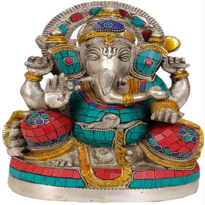 Four Armed Seated Ganesha with Trident Tilaka on His Forehead - Brass Statue with Inlay
