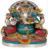 Four Armed Seated Ganesha with Trident Tilaka on His Forehead - Brass Statue with Inlay view 1