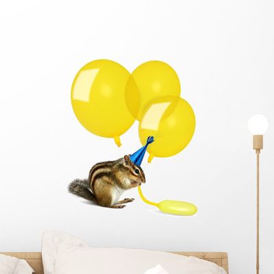 Wallmonkeys WM283653 Funny Chipmunk Inflating Yellow Balloons Peel and Stick Wall Decals, 18" H x 15" W-Small