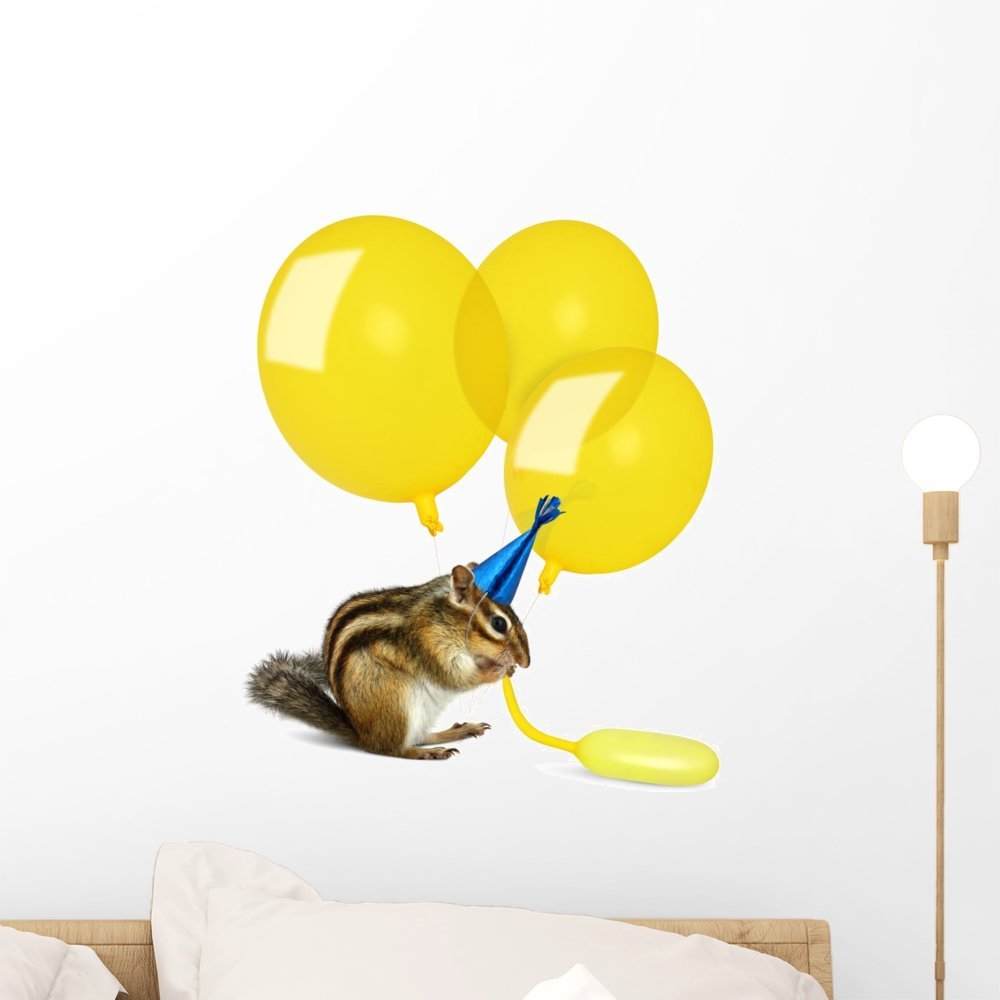 Wallmonkeys WM283653 Funny Chipmunk Inflating Yellow Balloons Peel and Stick Wall Decals, 18" H x 15" W-Small