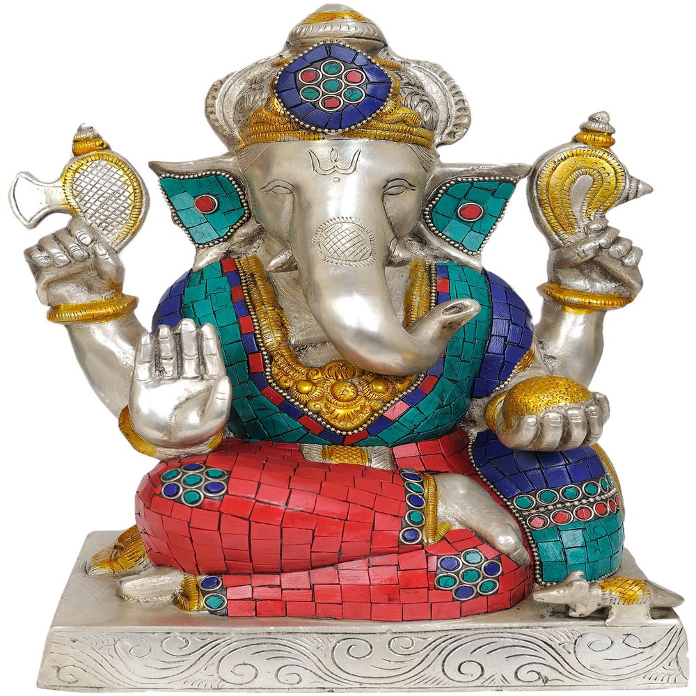 Four Armed Seated Ganesha - Brass Statue with Inlay