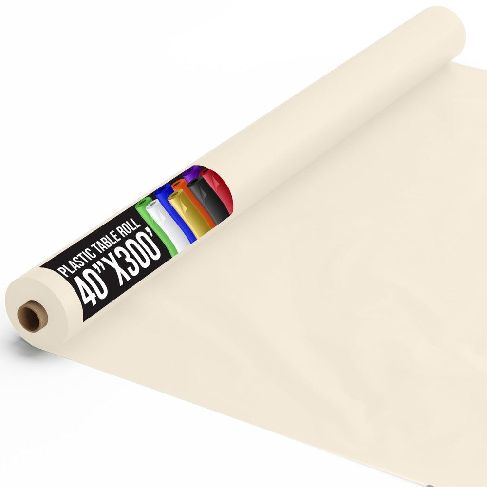Party Solids Ivory Plastic Table Cover Roll 40" X 300' Table Cloth Plastic Cover Roll - Premium Quality Thick 0.5 MIL Banquet Rolls - Disposable Tablecloth Rolls