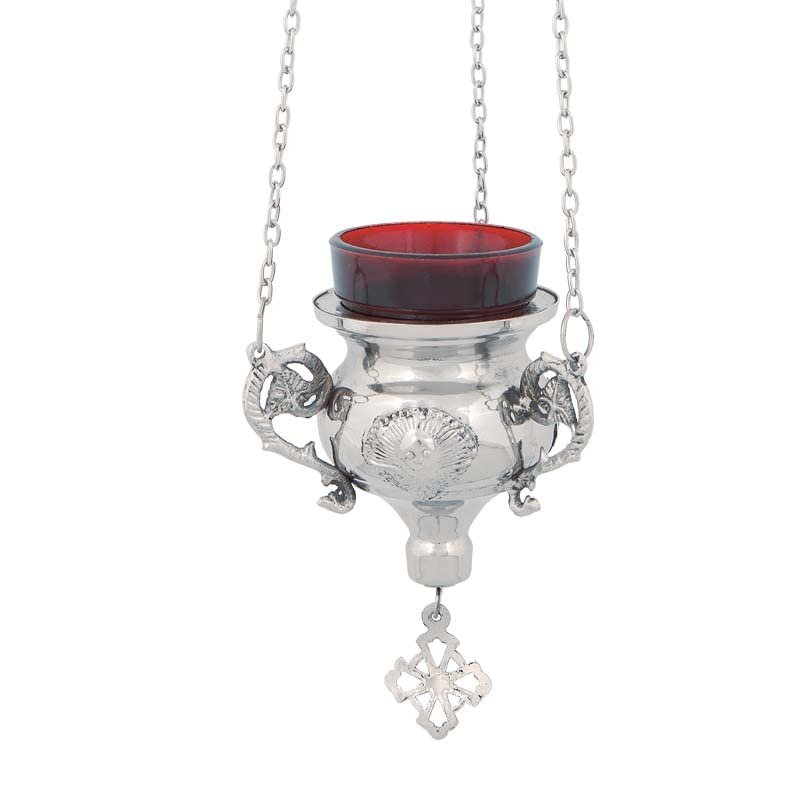Orthodox Greek Christian Bronze Hanging Votive Vigil Oil Lamp with Chain and Red Glass - 237n